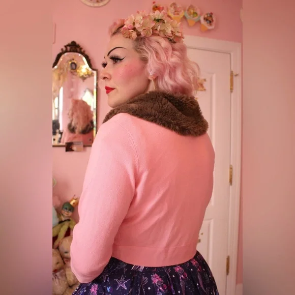 Pink Cardigan with Faux Fur Collar bolero - Picture 3 of 5